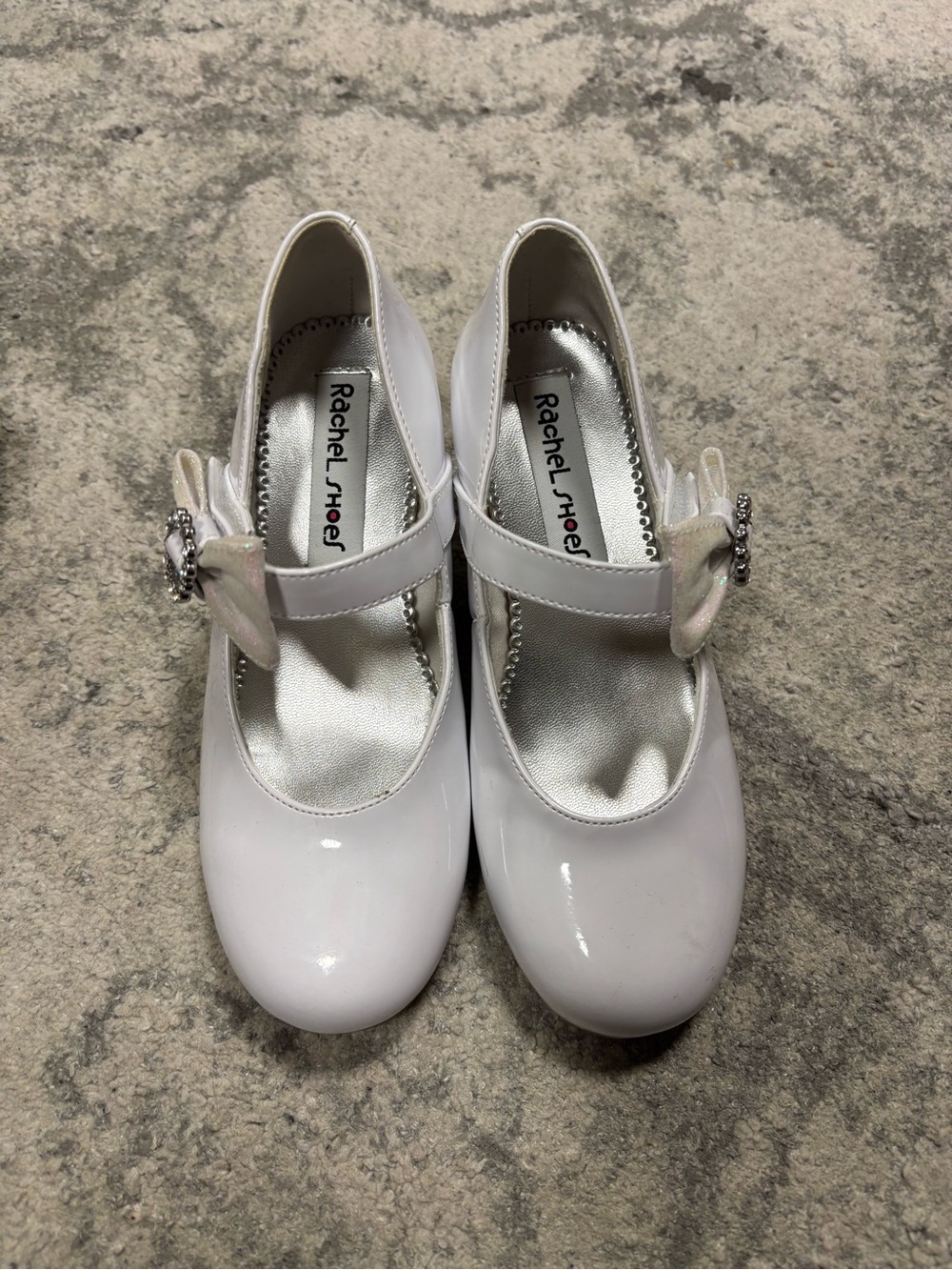 Rachel Shoes White Patent Mary Jane with Bow and Rhinestone